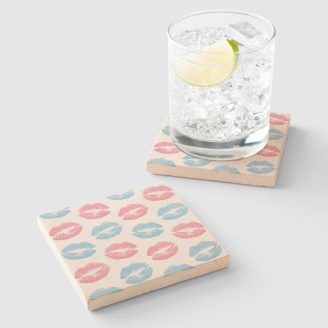 Blue and Pink Lips Pattern, Lipstick, Kiss Stone Coaster (Side)