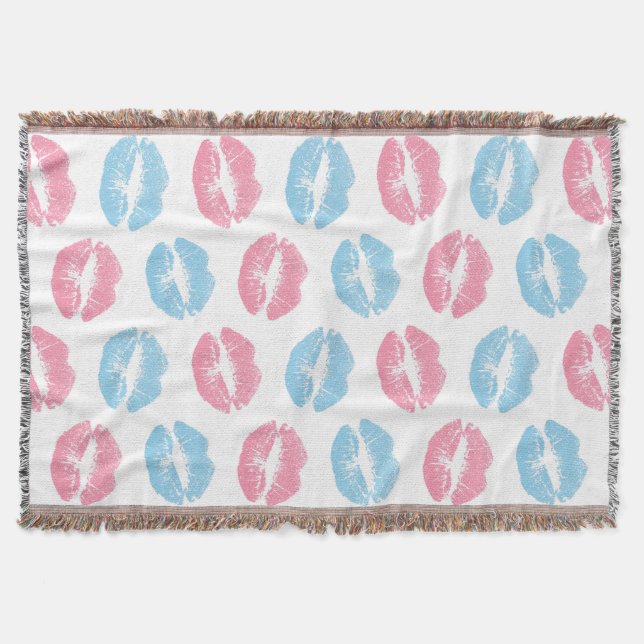 Blue and Pink Lips Pattern, Lipstick, Kiss Throw Blanket (Front)