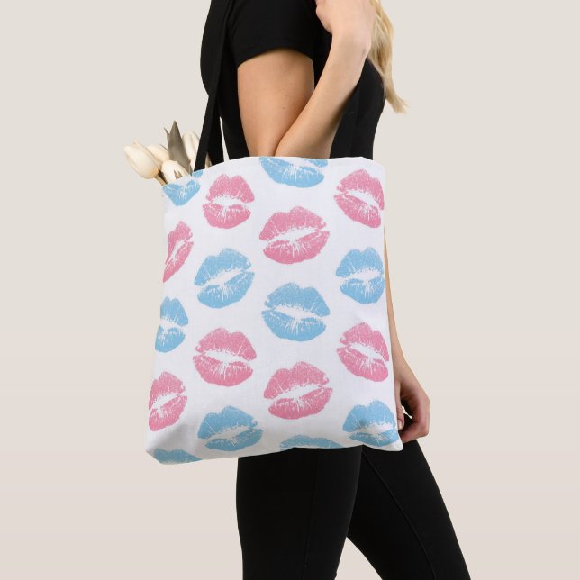 Blue and Pink Lips Pattern, Lipstick, Kiss Tote Bag (Close Up)