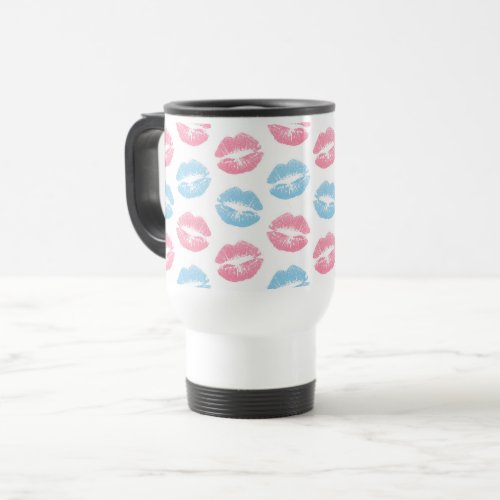 Blue and Pink Lips Pattern Lipstick Kiss Travel Mug