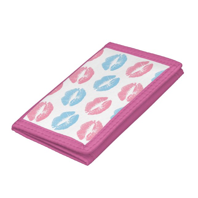 Blue and Pink Lips Pattern, Lipstick, Kiss Trifold Wallet (Bottom)