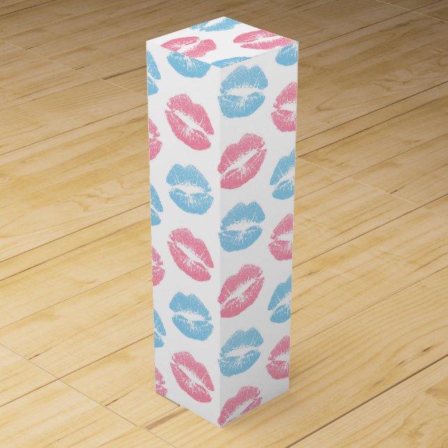 Blue and Pink Lips Pattern, Lipstick, Kiss Wine Box (Front)