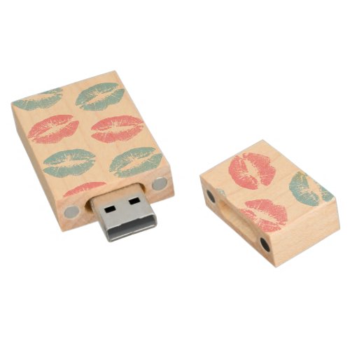 Blue and Pink Lips Pattern Lipstick Kiss Wood Flash Drive