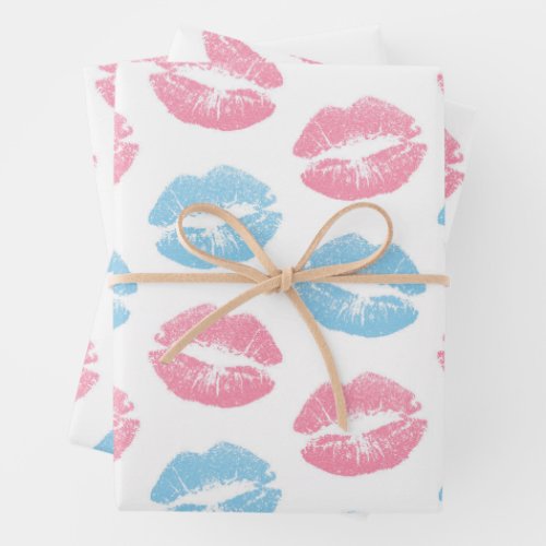 Blue and Pink Lips Pattern Lipstick Kiss Wrapping Paper Sheets