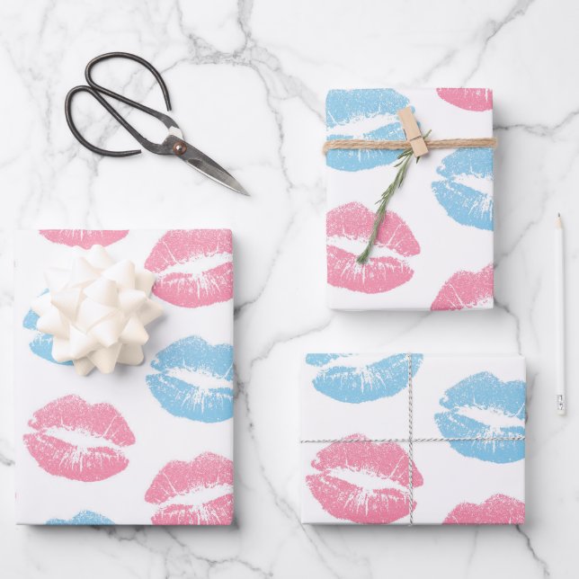 Blue and Pink Lips Pattern, Lipstick, Kiss Wrapping Paper Sheets (Front)