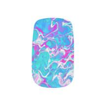 Blue and Pink Liquid Marble Nail Art