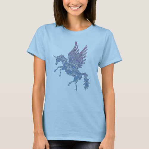 Blue and Pink Mandala Pattern Unicorn Pegasus T_Shirt