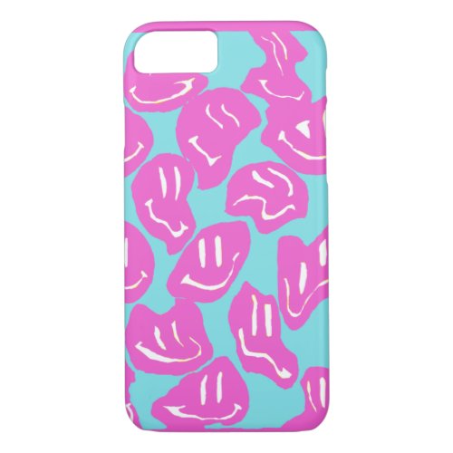 blue and pink melty smiley face phone case