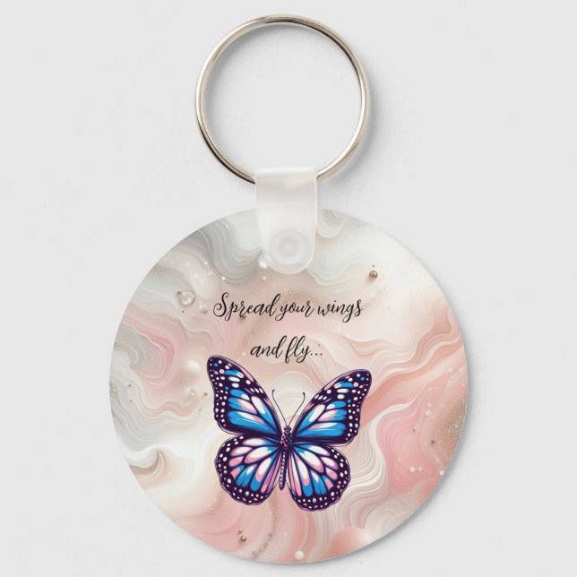 Blue and Pink Monarch Butterfly with Saying Keychain (Front)
