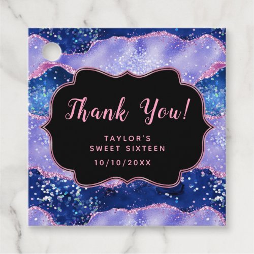 Blue and Pink Ocean Agate Sweet Sixteen Thank You Favor Tags