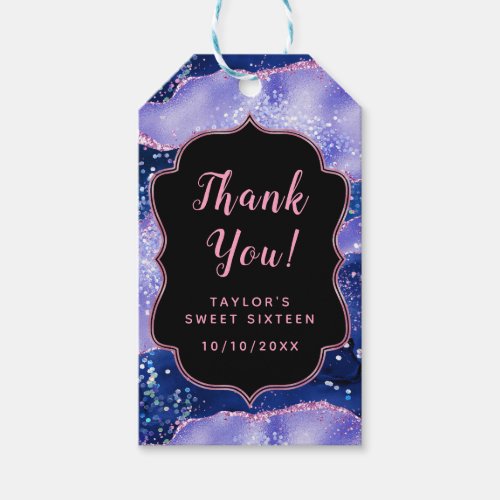 Blue and Pink Ocean Agate Sweet Sixteen Thank You Gift Tags