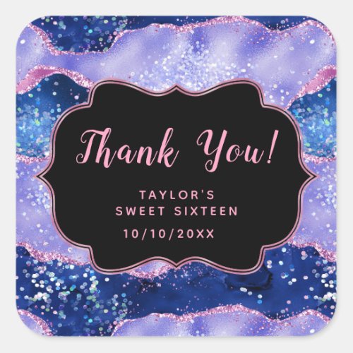 Blue and Pink Ocean Agate Sweet Sixteen Thank You Square Sticker
