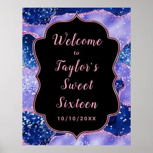 Blue and Pink Ocean Agate Sweet Sixteen Welcome Poster