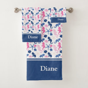 Blue and Pink Ocean Seashell Pattern with Name Bath Towel Set