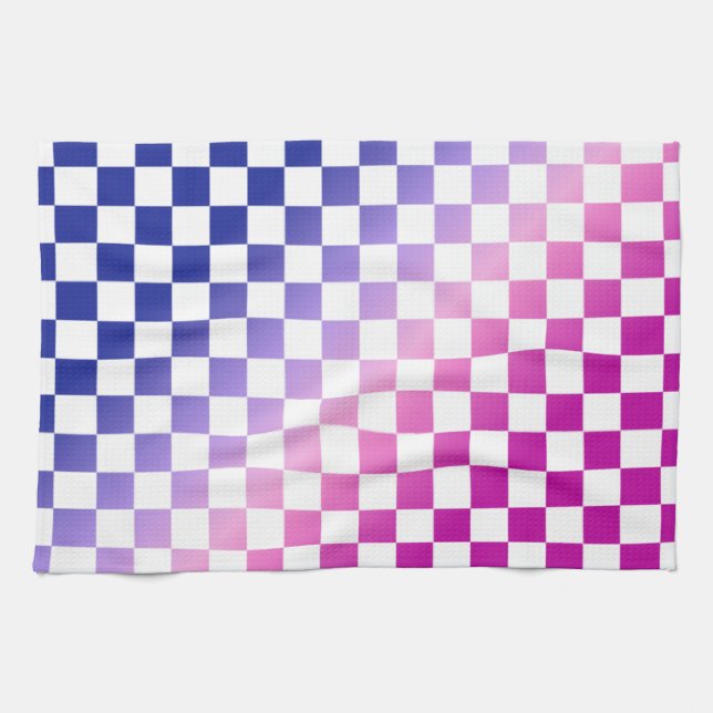 Blue and Pink Ombre Checkered Pattern Kitchen Towel (Horizontal)