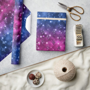 Blue and Pink Ombre Glitter Celestial Pattern Wrapping Paper