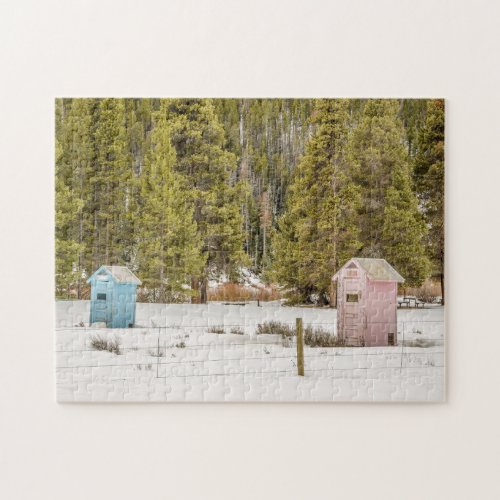 Blue And Pink Outhouses _ 252 piece Jigsaw Puzzle