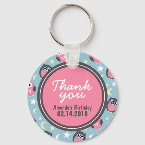 Blue and Pink Owl Birthday Thank You Keychain