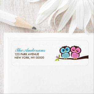 Blue and Pink Owls Wedding Label
