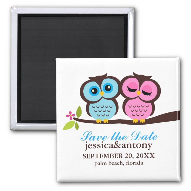 Blue and Pink Owls Wedding Magnet (Front)