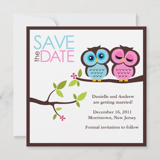 Blue and Pink Owls Wedding Save The Date (Front)