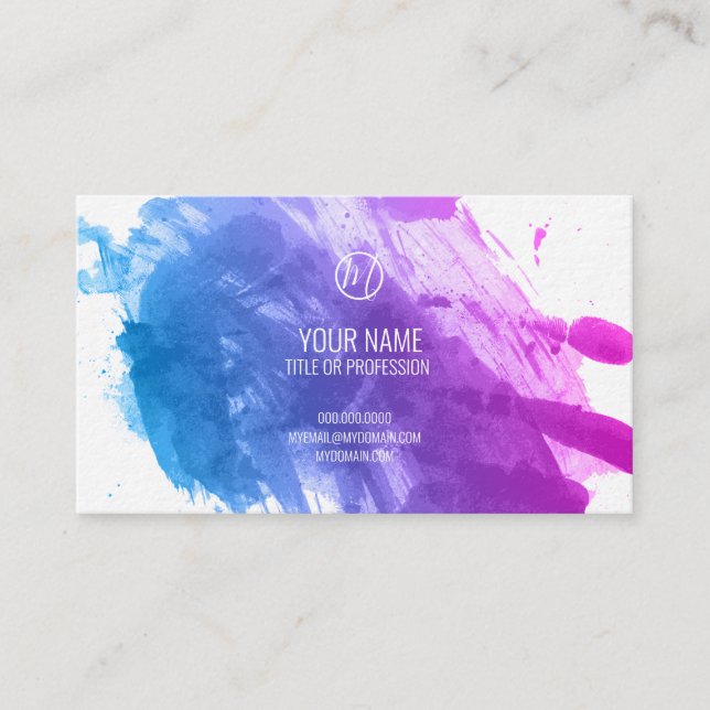 Blue and Pink Paint Splatter Business Card (Front)