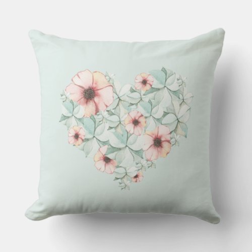 Blue and Pink Pastel Flower Heart Pillow 20x20