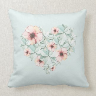 Blue and Pink Pastel Flower Heart Pillow 20x20