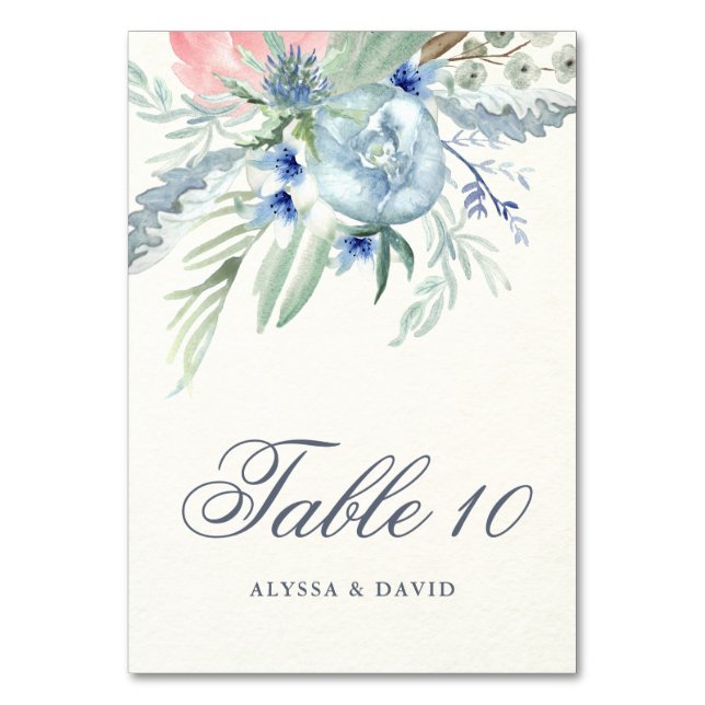 Blue and Pink Peonies Wedding Table Number (Front)