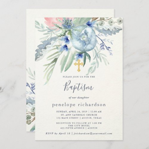 Blue and Pink Peony Baptism Invitation