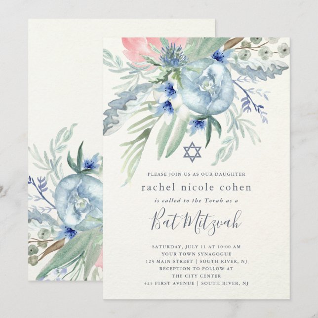 Blue and Pink Peony Bat Mitzvah Invitation (Front/Back)