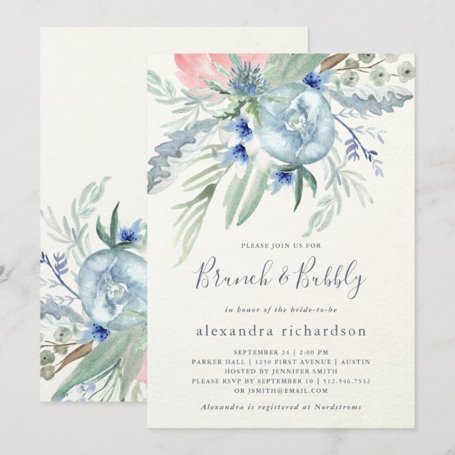 Blue and Pink Peony Bridal Brunch & Bubbly Invitation (Front/Back)