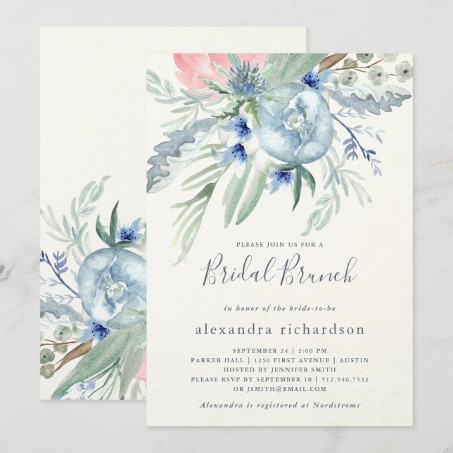 Blue and Pink Peony Bridal Brunch Invitation (Front/Back)