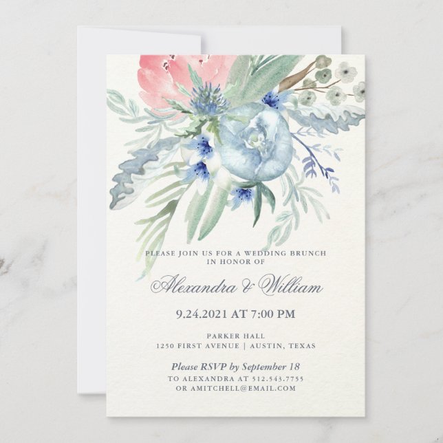 Blue and Pink Peony Watercolor Wedding Brunch Invitation (Front)