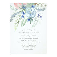 Blue and Pink Peony Watercolor Wedding Card