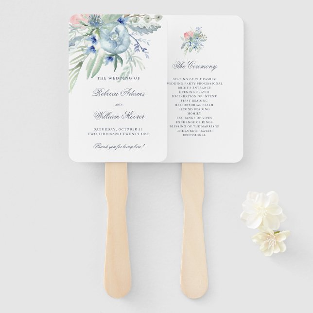 Blue and Pink Peony Watercolor Wedding Hand Fan (Front and Back)