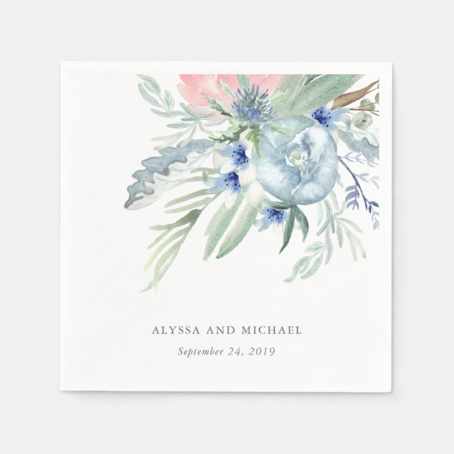 Blue and Pink Peony Watercolor Wedding Paper Napkins (Front)