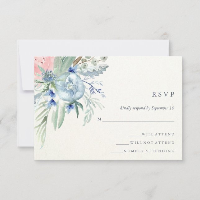 Blue and Pink Peony Watercolor Wedding RSVP (Front)