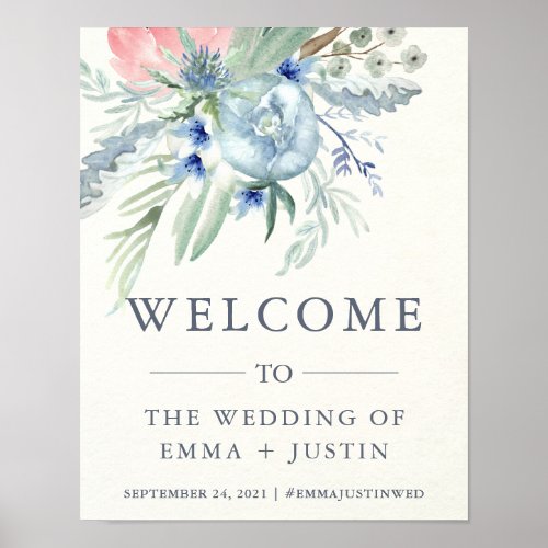 Blue and Pink Peony Watercolor Wedding Welcome Poster