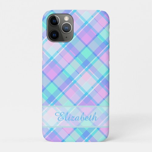 Blue and Pink Plaid Pattern Personalized iPhone 11 Pro Case