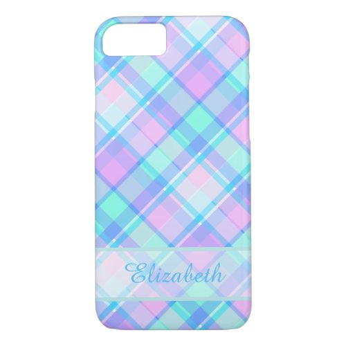 Blue and Pink Plaid Pattern Personalized iPhone 87 Case