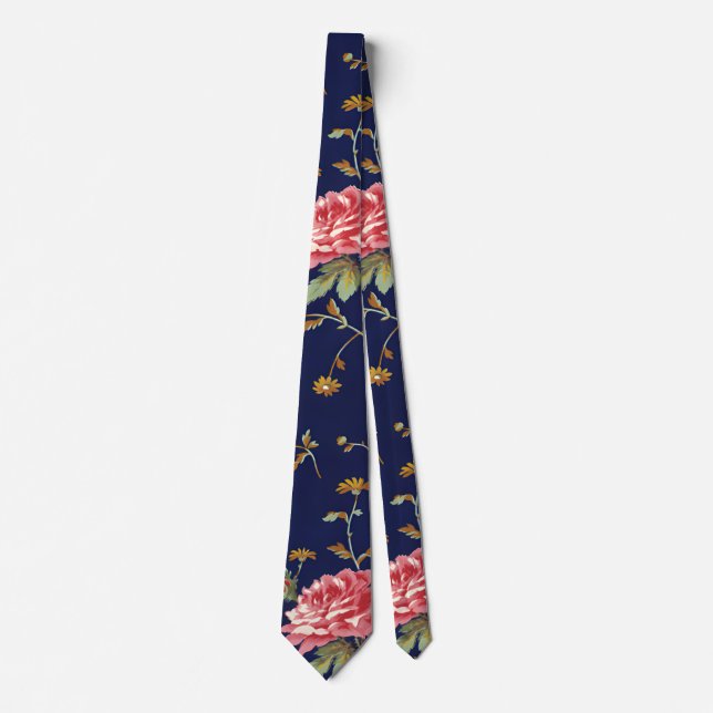 Blue and Pink Retro Floral Design Neck Tie (Front)