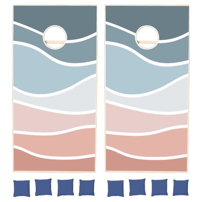 Blue and pink retro style waves design cornhole set (Set)