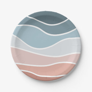 Blue and pink retro style waves design paper plates