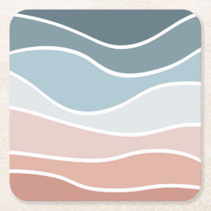 Blue and pink retro style waves design square paper coaster