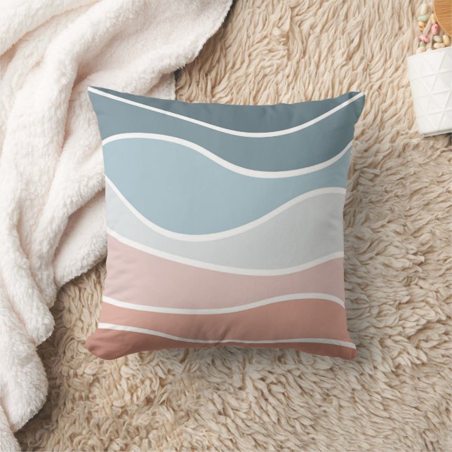 Blue and pink retro style waves design throw pillow (Blanket)