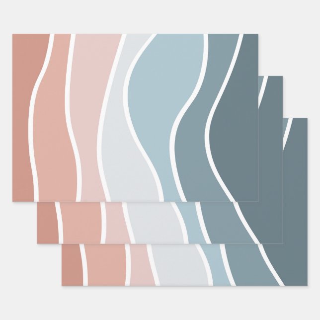 Blue and pink retro style waves design wrapping paper sheets (Set)