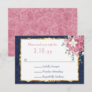 Blue and Pink Rose Bouquet Wedding RSVP Card