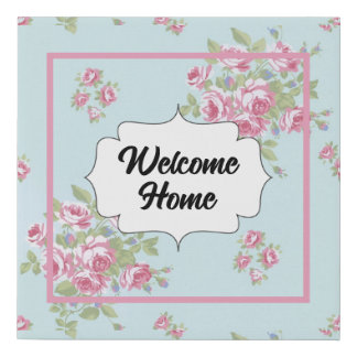 Blue and Pink Rose Pastel Vintage Welcome Home Faux Canvas Print