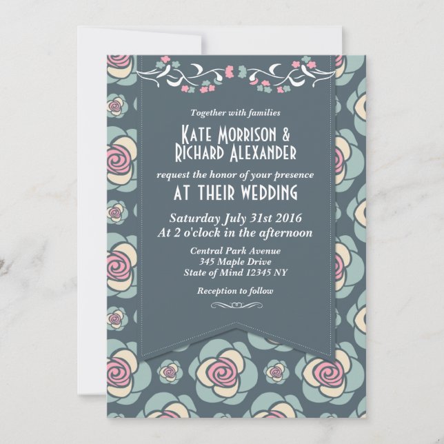 Blue and Pink Rose Wedding Invitation (Front)